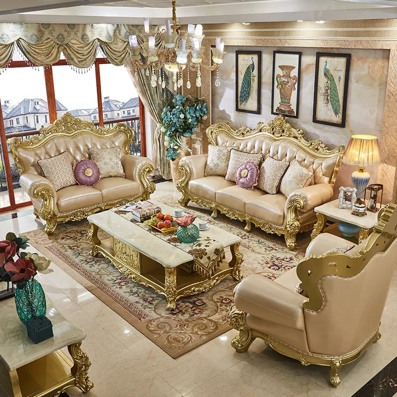 Classic Luxury Sofa Rubber Solid Wood Golden Antique European Royal Style Living Room Sofa Sets 1+2+3