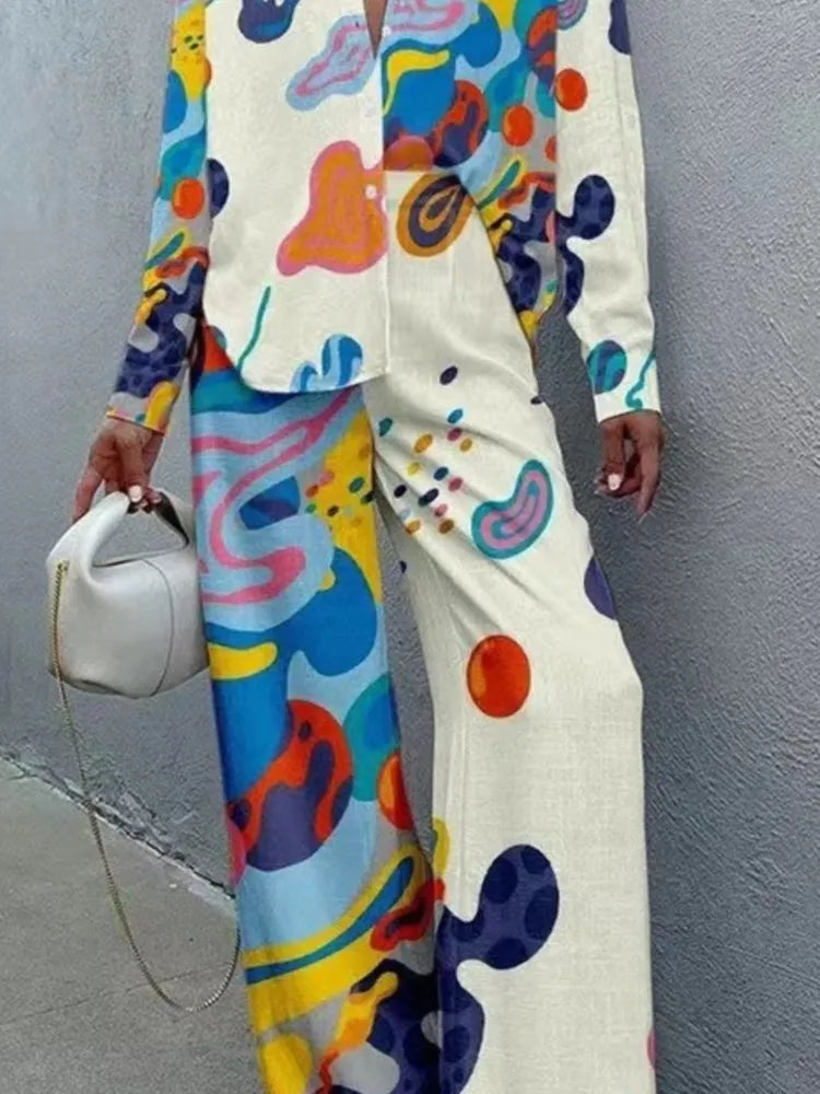 Two Piece Pant Set – Print Shirt and Wide Leg Pants – Broadcloth | KIMLUD