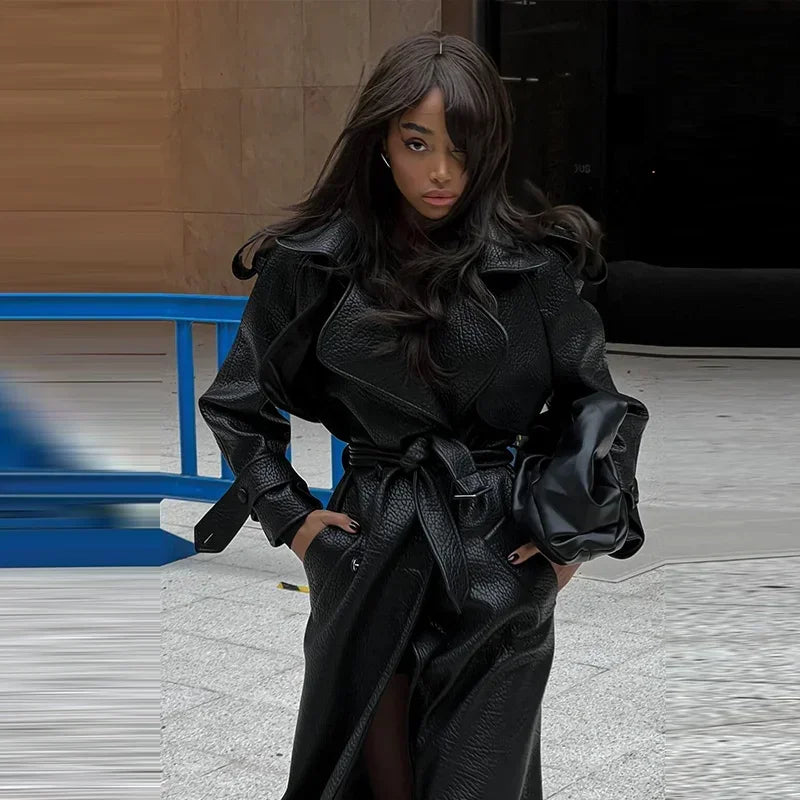 Y2k Street Long Leather Jacket Women Double Breasted Lapel Lace Up Female Coat 2025 Fashion Spring Full Sleeve Belt Lady Outwear