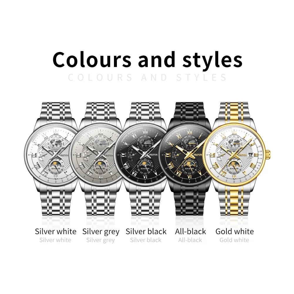 JSDUN Best Selling Fashion Trend Multifunction Watches for Men Stainless Steel Waterproof Luxury Automatic Mechanical Man Watch