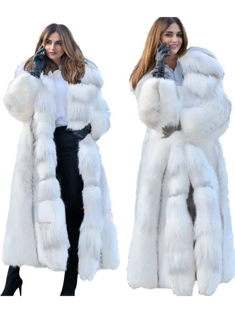 Winter Plus Size Longer Faux Fur Warm Coat Long Sleeve Coat Fox Fur Faux Fur Coat women's Long Hooded Fur all-in-one Fur Coat