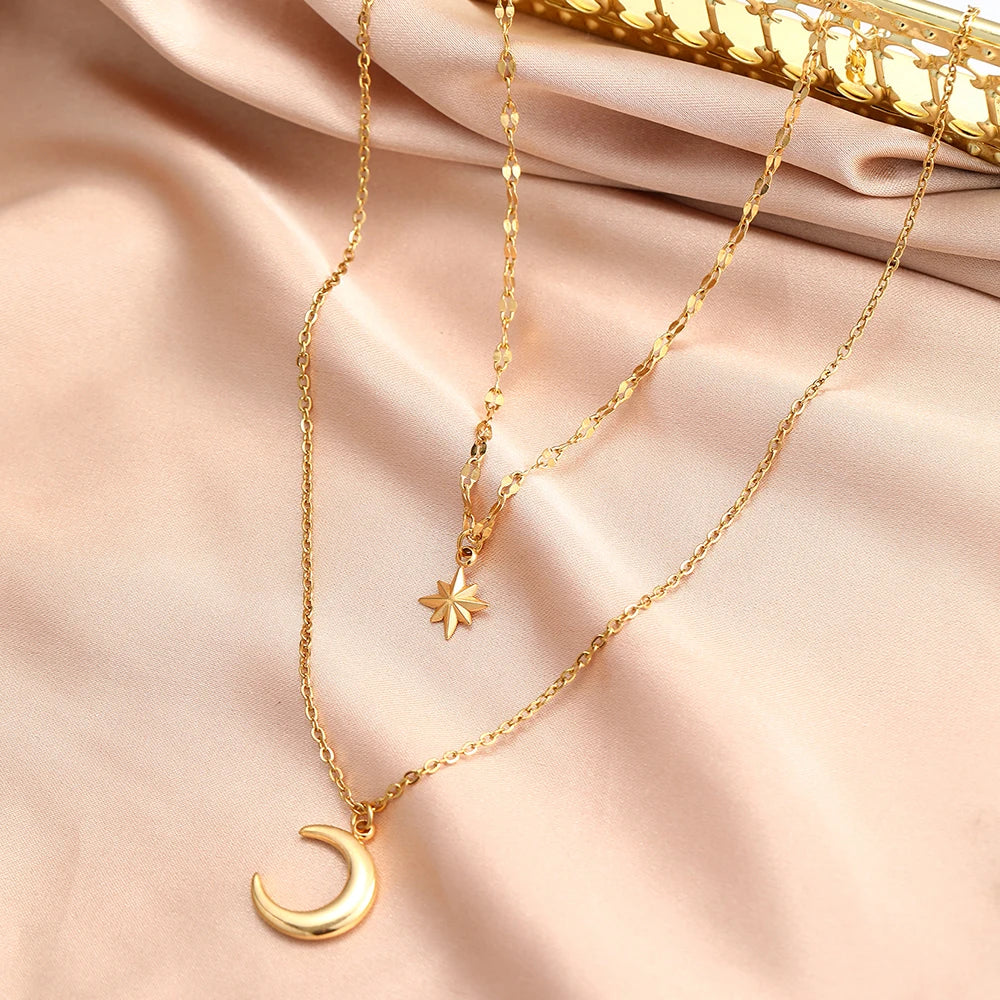 Stainless Steel Necklace Eight-Pointed Star Moon Pendant — Silver | KIMLUD