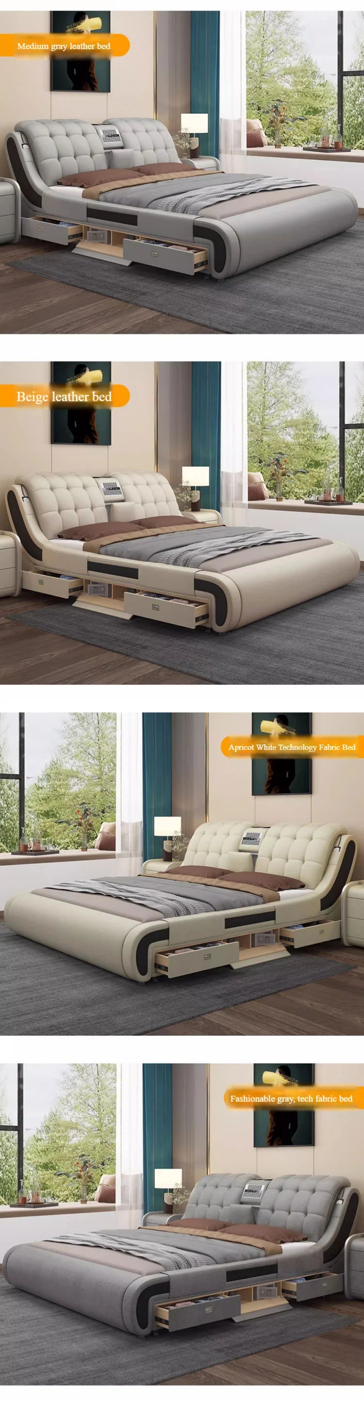 Genuine Leather Upholstered Electric Massage Bed King Size With Storage And Gas Lift — Custom Color | KIMLUD