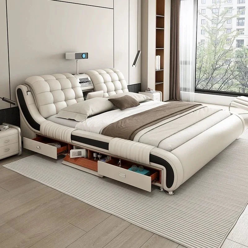 Genuine Leather Upholstered Electric Massage Bed King Size With Storage And Gas Lift — Custom Color | KIMLUD
