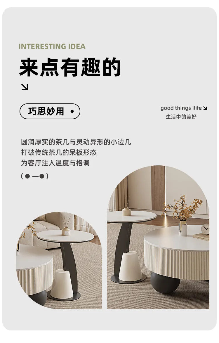 Minimalist Round Coffee Table With Storage Drawers — Ivory White | KIMLUD