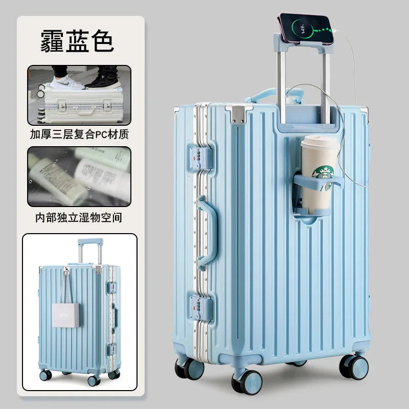 New Multifunction Suitcase with USB Charging Aluminum Frame +PC Suitcase Trip Cabin Male and Female Carrier 28/30-inch