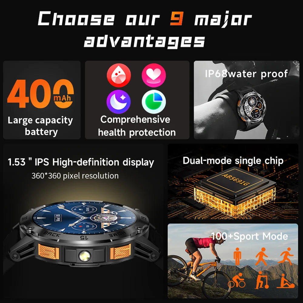 Outdoor Sport Smart Watch Men Compass 400mAh Battery Flashlight Health Monitoring Waterproof Bluetooth Call Smartwatch 2025 New