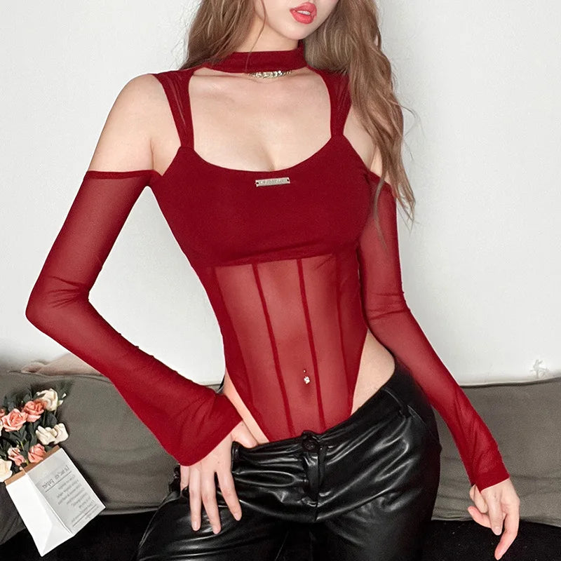 Mesh Bodysuit Hollow-Out See-Through — Black | KIMLUD