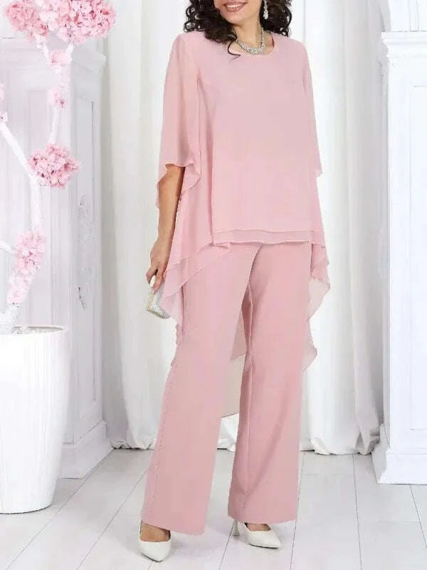 KIMLUD, Elegant 2 Pieces Sets Woman's Chiffon Solid Mid-Sleeve Layered ruffled edges Long Top & Straight-leg Trousers Pants Sets Outfits, KIMLUD Womens Clothes