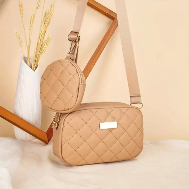 Quilted Two-Piece Crossbody Bag Set With Detachable Mini Purse — Black | KIMLUD