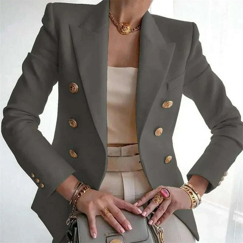 KIMLUD, Women's Elegant Metal Buckle White Suit Jacket Casual Office lady Blazer High-end Feel Western-style Clothe, KIMLUD Womens Clothes