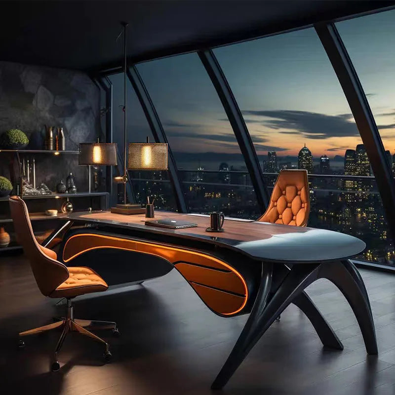 Modern office desk with orange chairs in a high-rise office with cityscape view