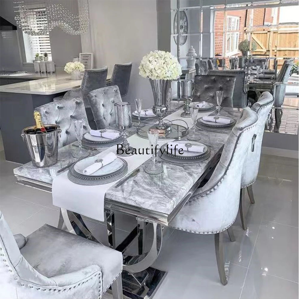 Marble Top Dining Table Set Rectangular Modern Design With Stainless Steel Frame And Four Chairs — Silver | KIMLUD