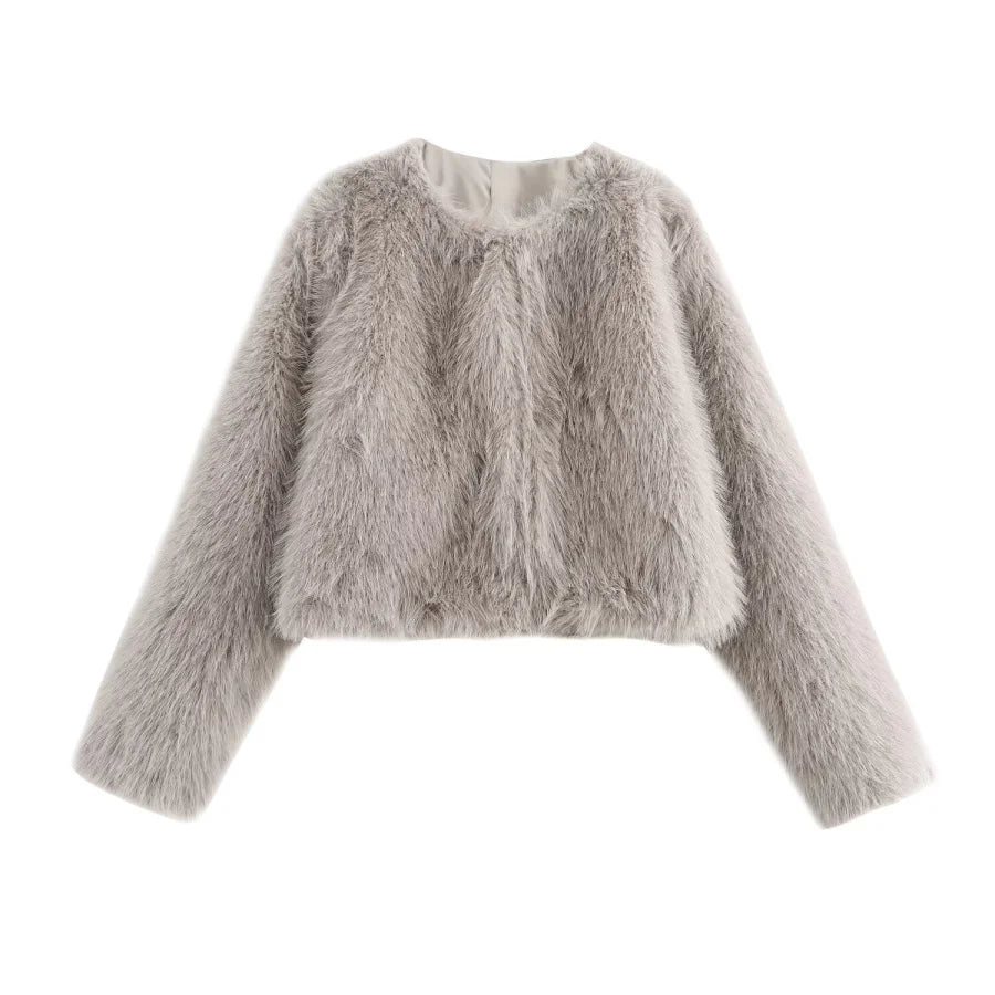 Faux fur jacket 2025 Fall/Winter New Fashion Women's Faux Fur Effect Round Neck Long Sleeve Short Jacket