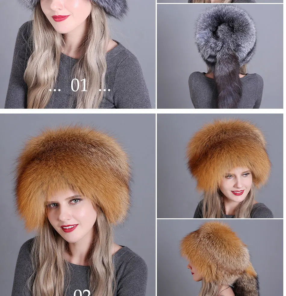 Fur hat for ladies thickened warm ear-protecting with tail snow and wind trendy