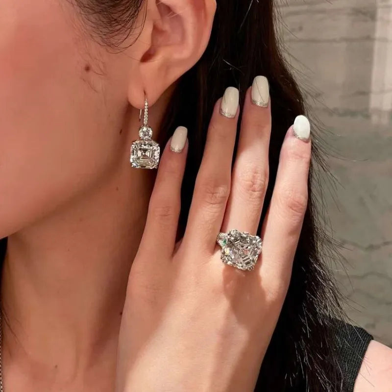 Necklace Earrings Ring Set - Asscher Cut - Zircon | KIMLUD