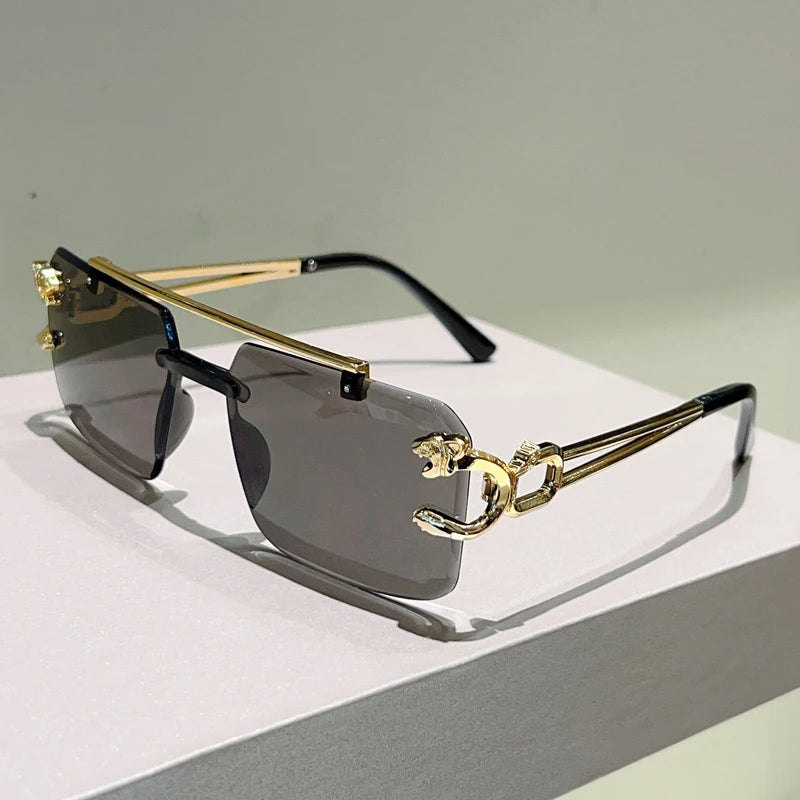 Rimless Sunglasses Square With Gradient Brown-To-Amber Lenses And Adjustable Nose Pads — Black | KIMLUD