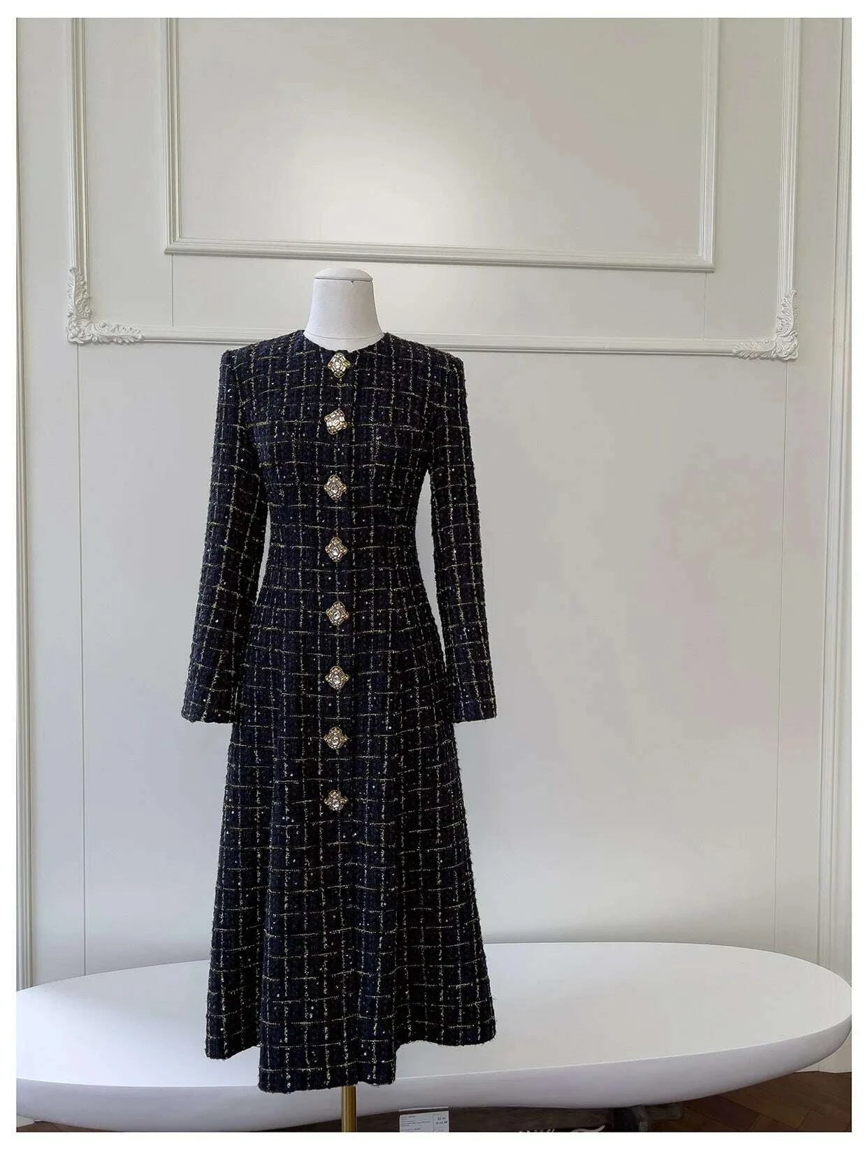 KIMLUD, IEQJ Fashion Autumn Winter Evening Dress Women O-Neck Long Sleeves Single-breasted Zipper Cotton Tweed Umbrella Dresses New, KIMLUD Womens Clothes