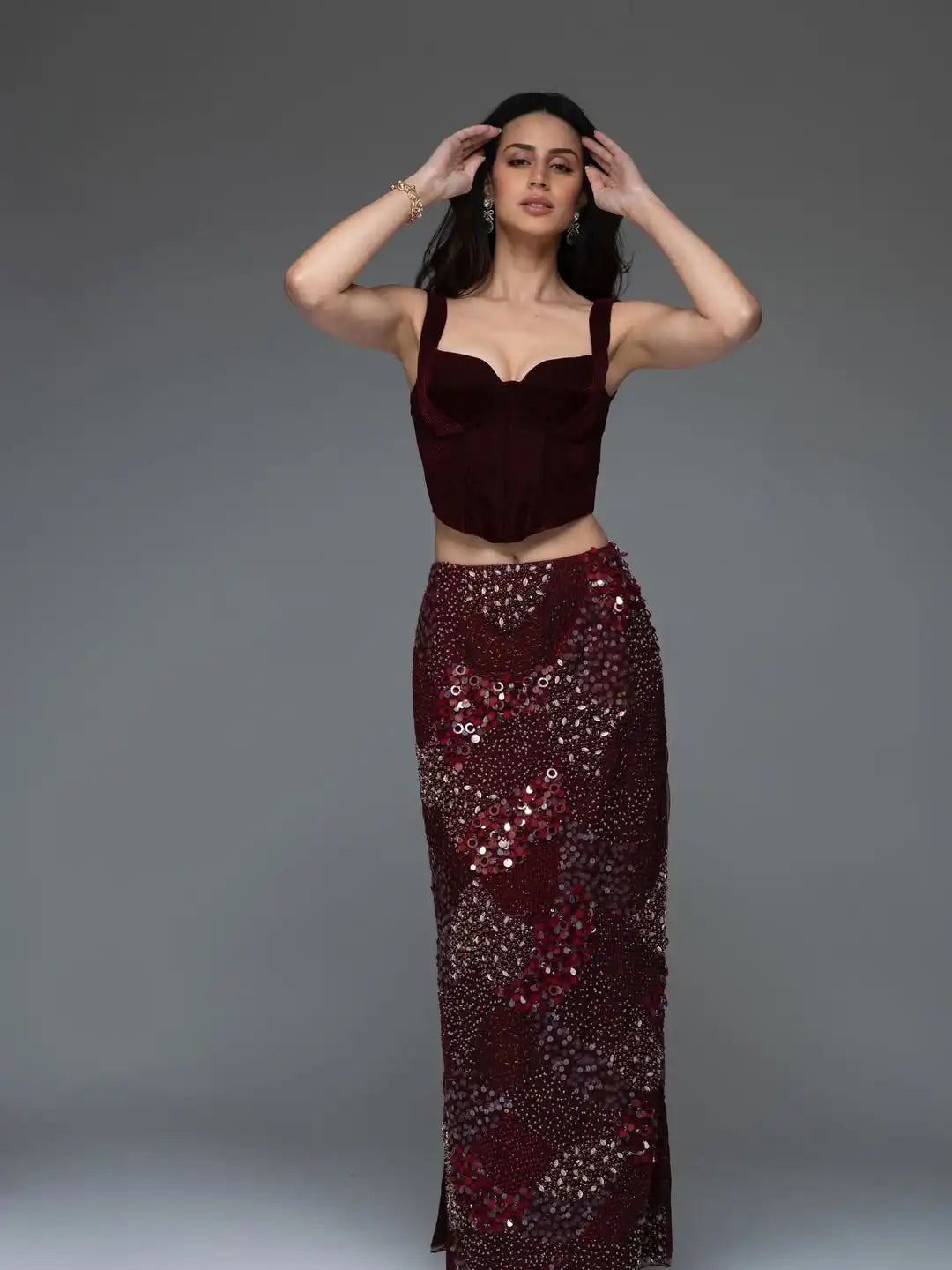 Two-Piece Velvet Corset Dress – Burgundy Mermaid Beaded Skirt | KIMLUD