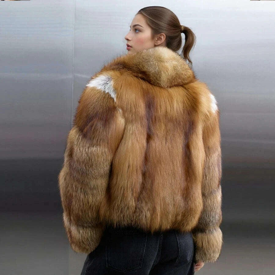 KIMLUD, Real Red Fox Fluffy Women’s Jacket Short Cropped Fox Fur Jacket With Lapel Genuine Fur Outerwear Hot Selling Bolero Jacket, KIMLUD Womens Clothes