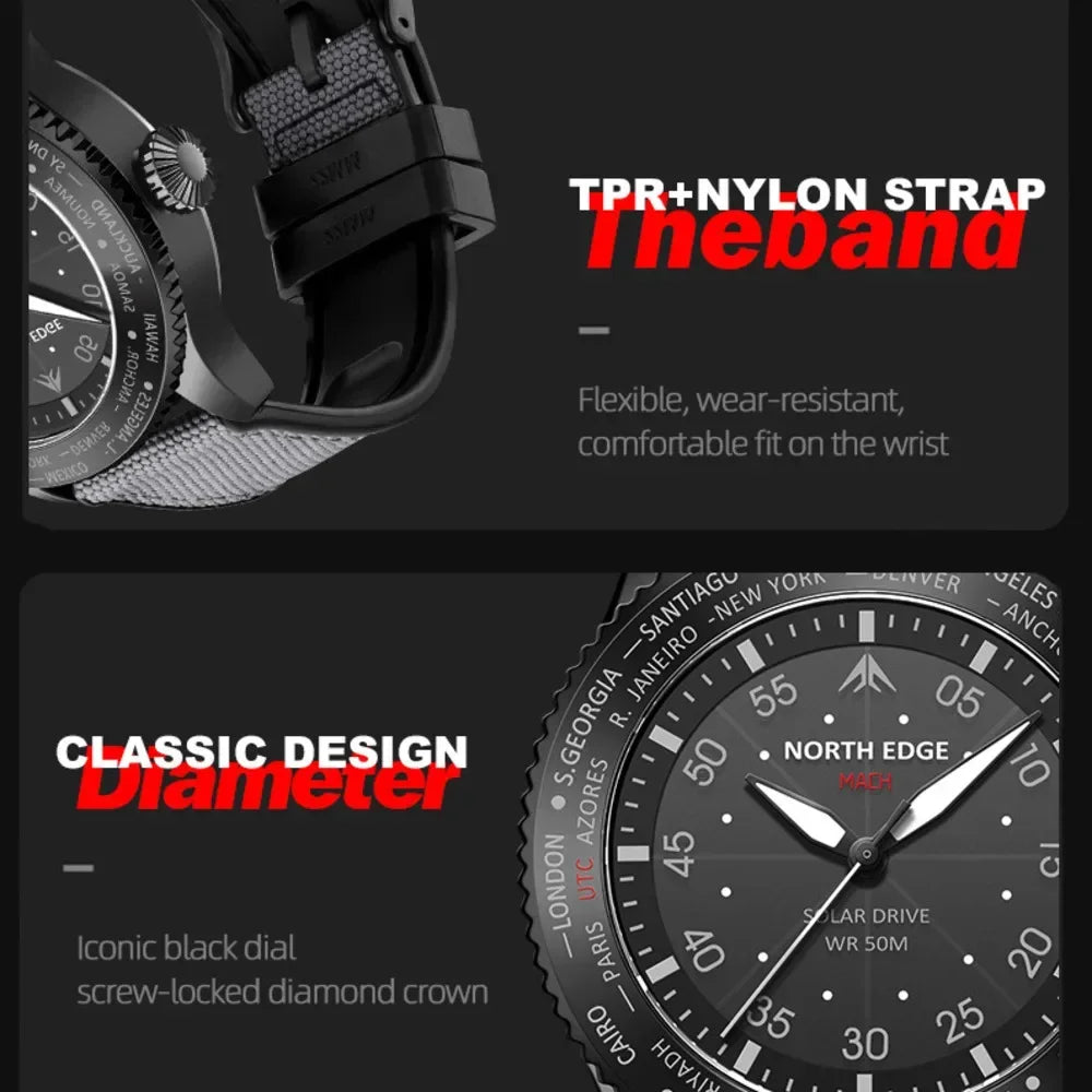 NORTH EDGE Watches for Men MACH 2024 New Desgin Solar Powered Watch Dual Time Zone Waterproof TPR Nylon Strap Pilot Mens Watch