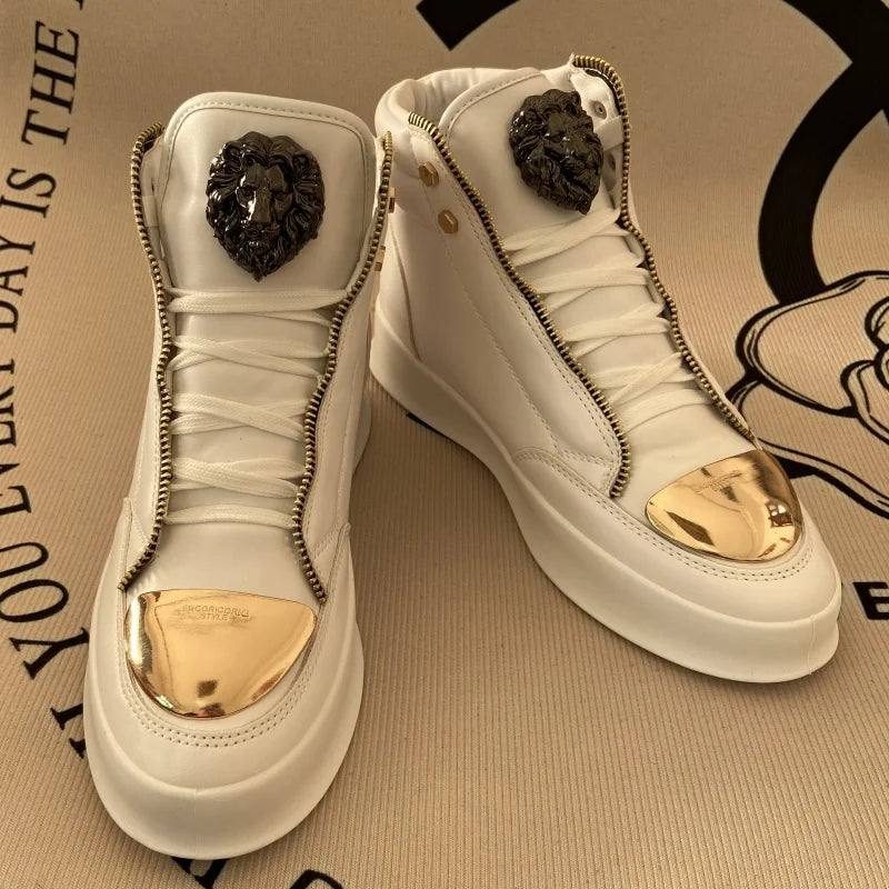 Artificial Leather High-Top Sneakers With Zip Decoration — Black | KIMLUD