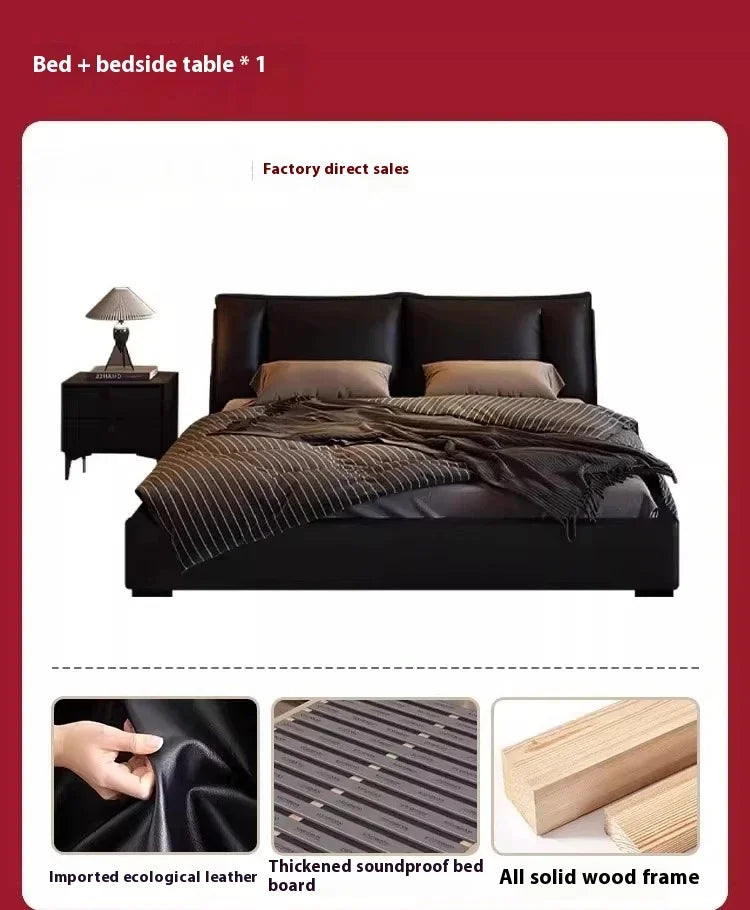 Obsidian Leather King Size Bed With Office Headboards And Frame — Black | KIMLUD