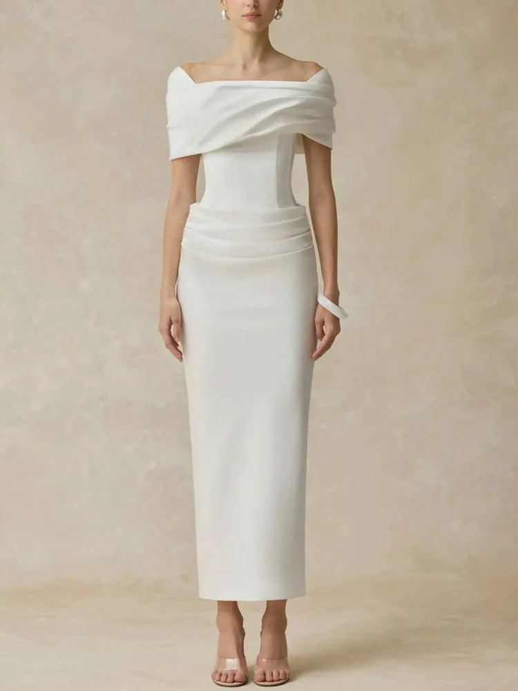 Bodycon Dress High-Waist Off-Shoulder Short Sleeves — White | KIMLUD