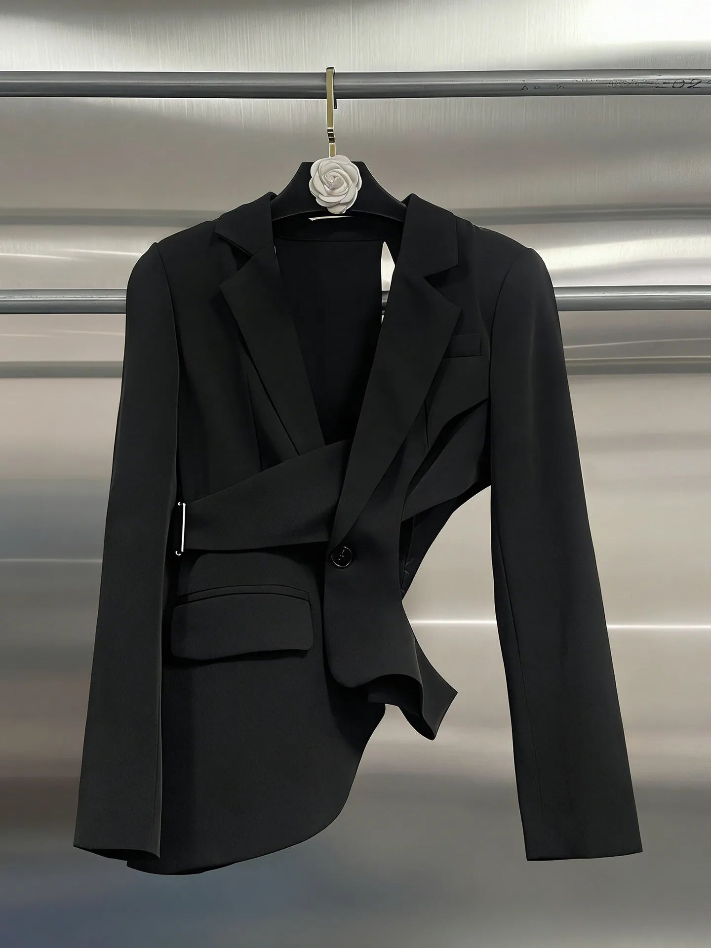 Polyester Cotton Solid Asymmetrical Blazer — Black | KIMLUD