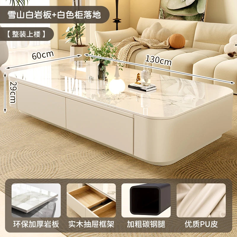 Rock-Slab Coffee Table With Wooden Frame — White | KIMLUD
