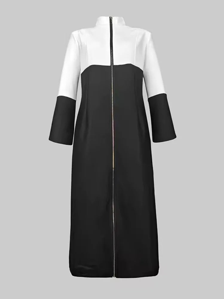 2025 Women's Bodycon Dresses Elegant Contrast Color V-neck with Zipper Long Sleeves Formal Occasion Office Splicing Midi Dresses