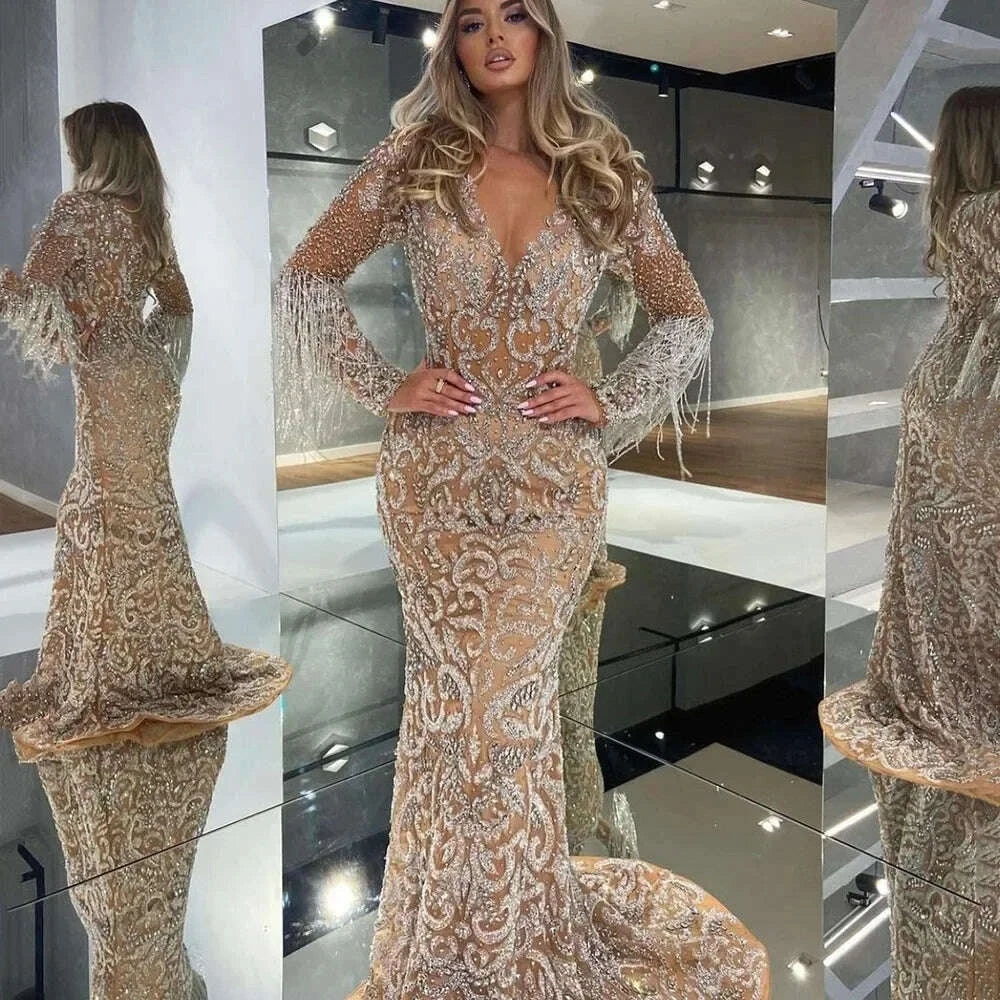 KIMLUD, 2025 New Spring Cross-Border Women's Evening Dress Long Sexy Elegant Fringed Gold-Sprinkled Mermaid Gown For Wedding, KIMLUD Womens Clothes