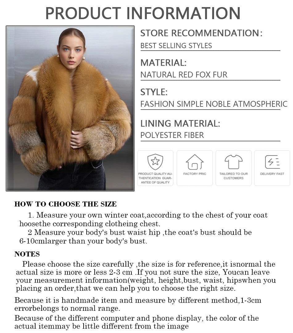 Real Red Fox Fluffy Women’s Jacket Short Cropped Fox Fur Jacket With Lapel Genuine Fur Outerwear Hot Selling Bolero Jacket