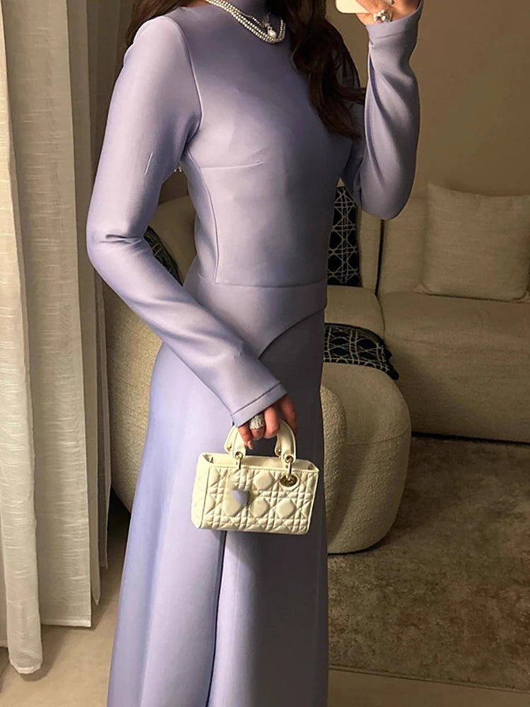 Ladies Elegant O-neck Long Sleeve Party Dress Women Fashion Splicing Hight Waist Evening Dress Casual Draped Solid Long Dresses