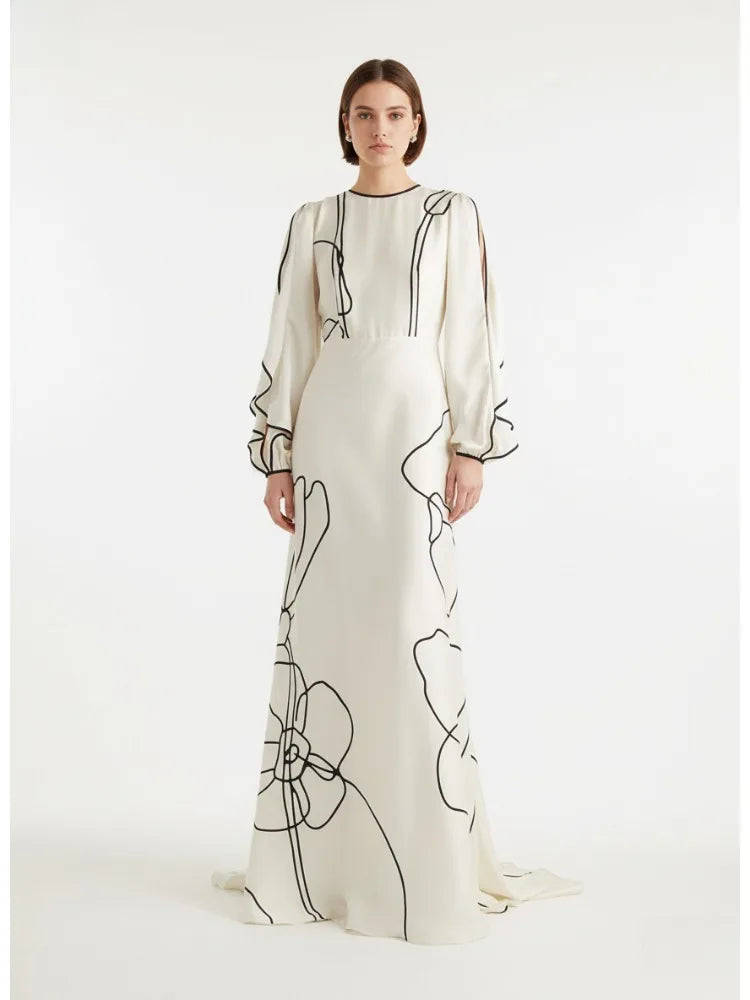 2026 New Women's Printed Maxi Dress Round Neck Ruffle Sleeves High Waist Pleated Party Dress Female Stylish A-line Dresses