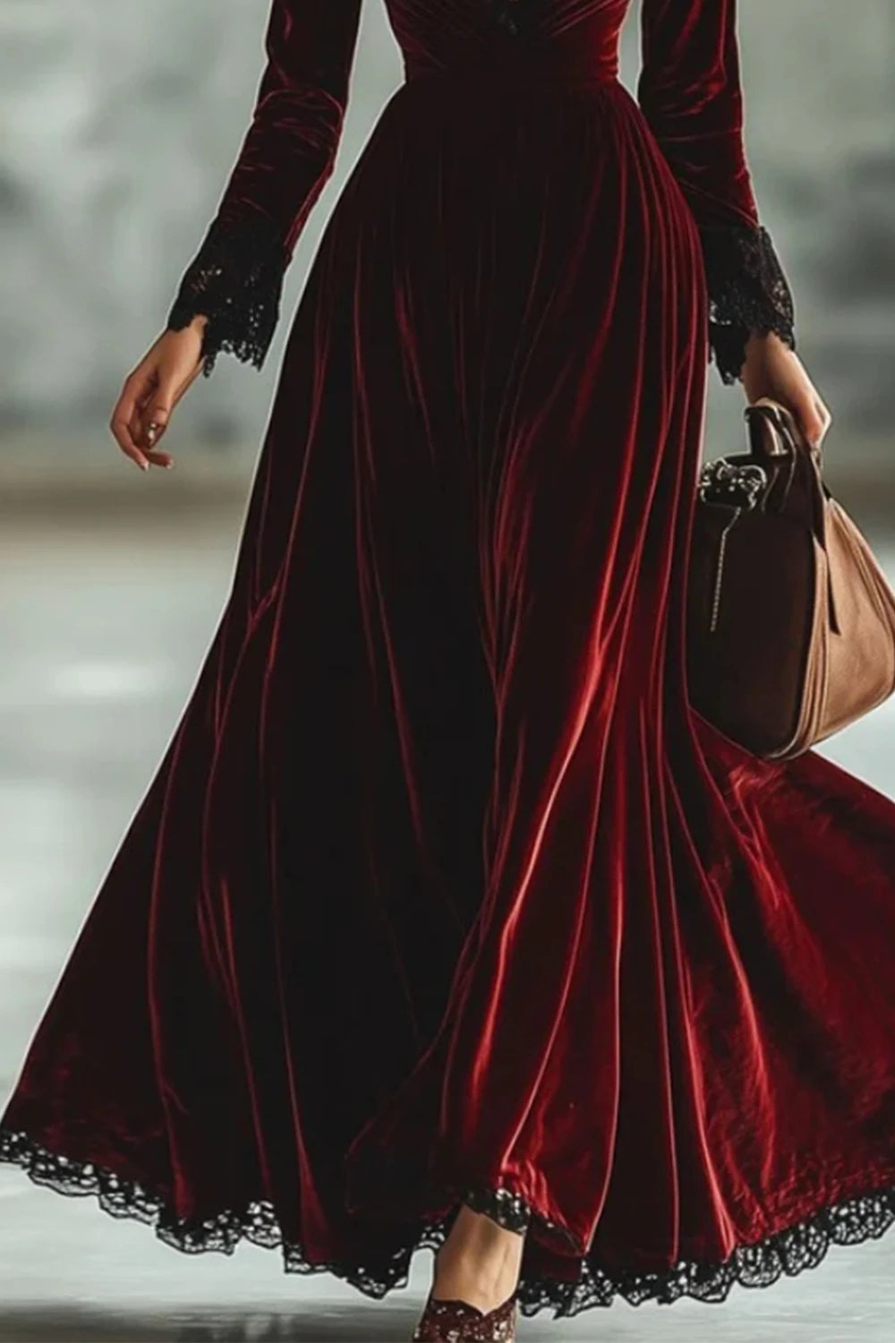 Velvet Dress V-Neck Pleated A-Line Evening Gown With Vintage Lace Hem And High Waist — Burgundy | KIMLUD