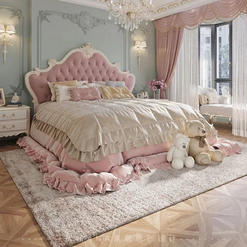 Nordic Beech Wood Bed With Upholstered Headboard — Blush Pink | KIMLUD