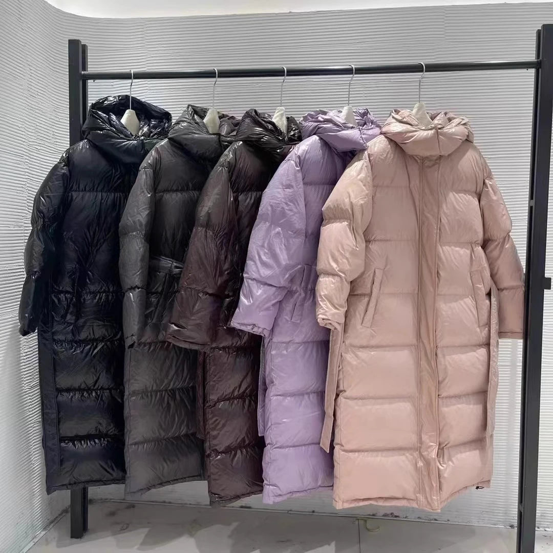 With Belt Women's Winter Down Jacket Long Puffer Coat White Duck Thick Warm Hooded Waterproof Down Jacket With Sashes Outwear