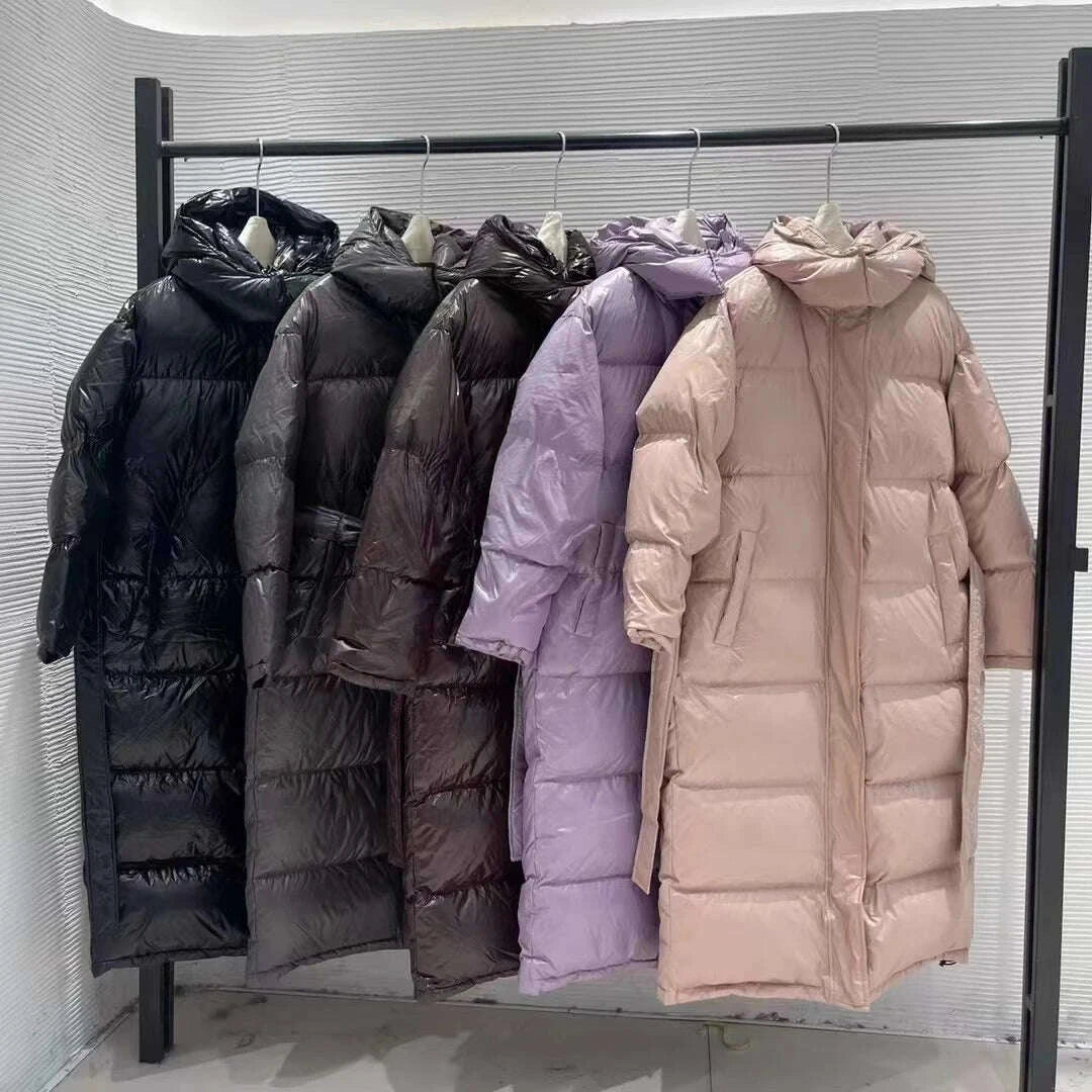 KIMLUD, With Belt Women's Winter Down Jacket Long Puffer Coat White Duck Thick Warm Hooded Waterproof Down Jacket With Sashes Outwear, KIMLUD Womens Clothes