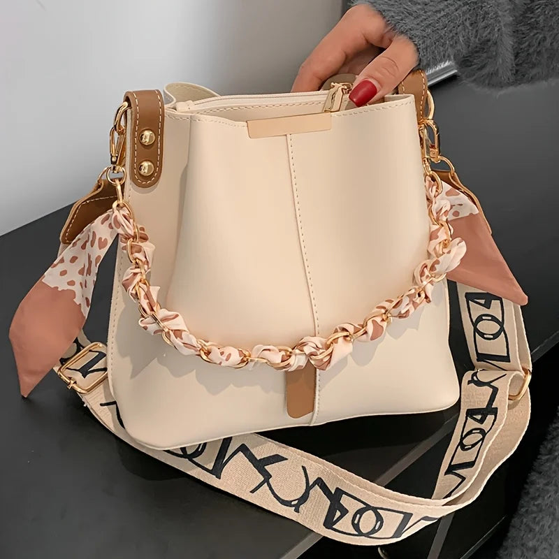 KIMLUD, New Fashion Women's Shoulder Bag Large Capacity Ribbon Chain Bucket Bag Crossbody Bag Daily Commuting, KIMLUD Womens Clothes