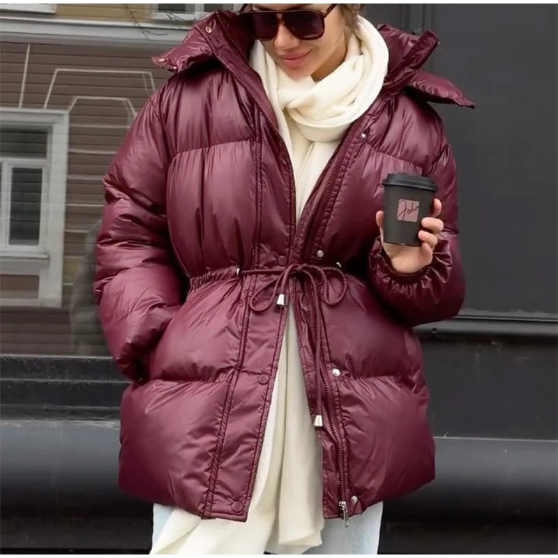 Women Solid Thicken Cotton Jackets Casual Stand Collar Zipper Long Sleeves Lace Up Detachable Hat Coat Winter Lady Warm Outwear