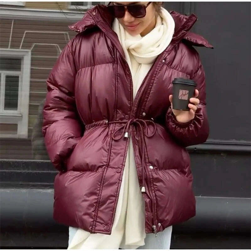 KIMLUD, Women Solid Thicken Cotton Jackets Casual Stand Collar Zipper Long Sleeves Lace Up Detachable Hat Coat Winter Lady Warm Outwear, KIMLUD Womens Clothes
