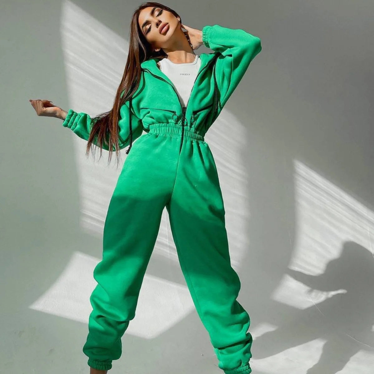 Hooded Jumpsuit – Sportswear – Polyester – Women's | KIMLUD