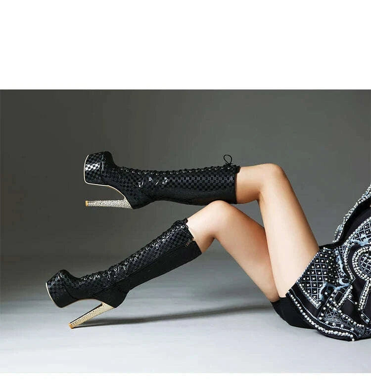 KIMLUD, Plus Size Embossed Chessboard Checkerboard Women's Knee High Boots Platform Super High Metal Thick Heels Lace Up Zipper Boots, KIMLUD Womens Clothes
