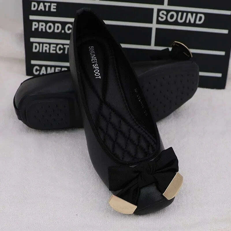 KIMLUD, 2024 Spring Summer Shoes Women Ballet Flats Sweet Flat Bowknot Laides Brand Shoes Plus Size 41 Black Gold D069, KIMLUD Womens Clothes