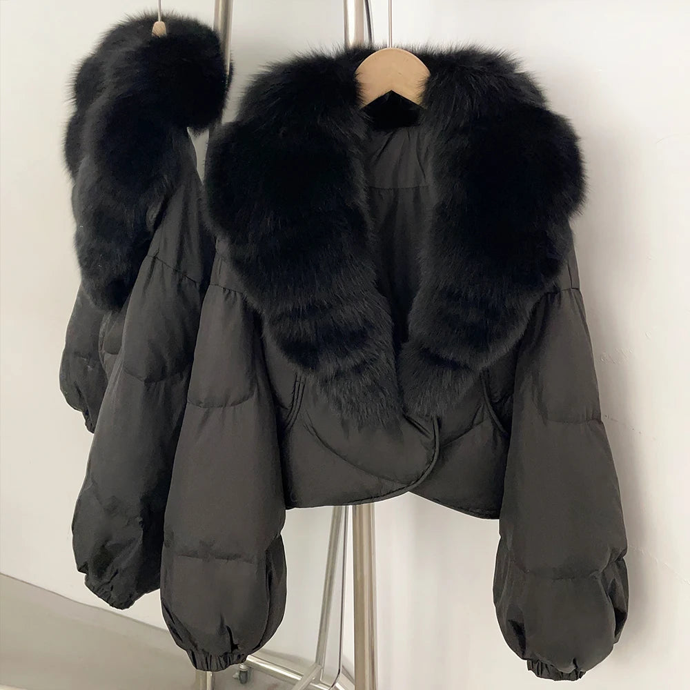 Down Coat – Real Fox Fur Trim – Duck Down – Natural | KIMLUD