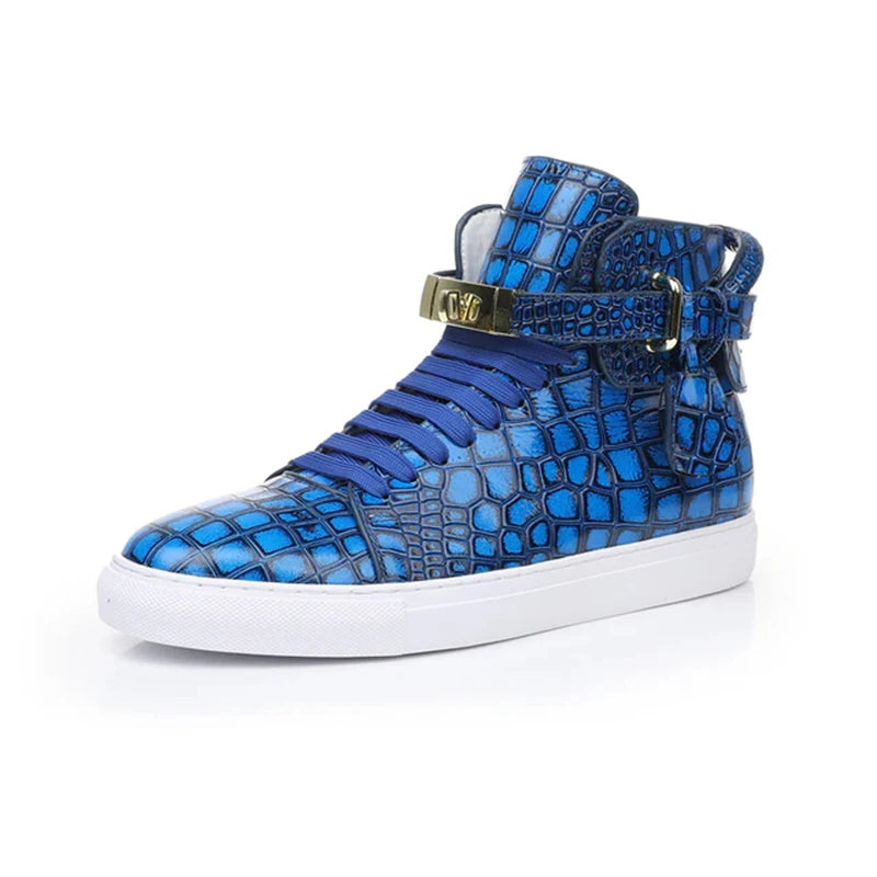 High Top Sneakers – Gold Buckle – Crocodile Pattern Leather | KIMLUD