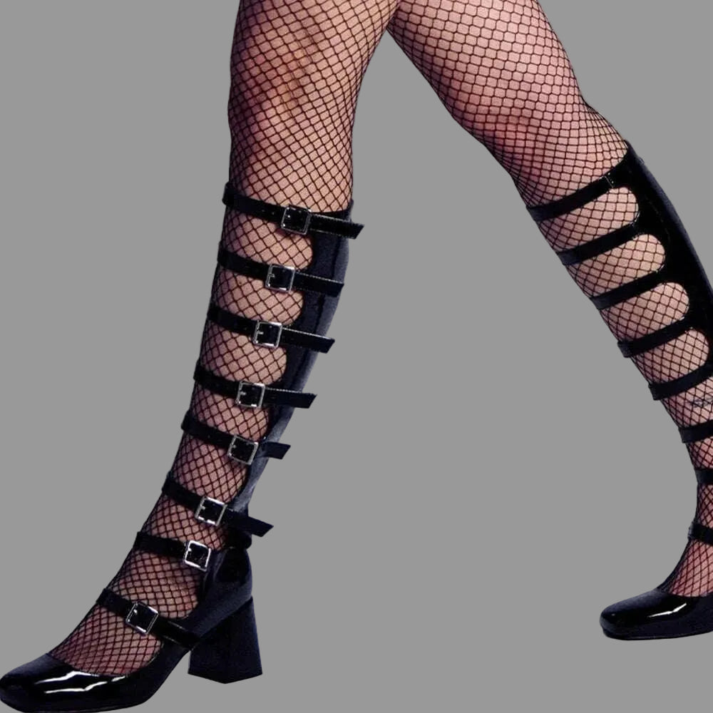 KIMLUD, Punk Buckle Straps Boots Round Toe Back Zipper Knee-high Boots Patent Leather Square Heels 2025 Women New Fashion Sandals Shoes, KIMLUD Womens Clothes