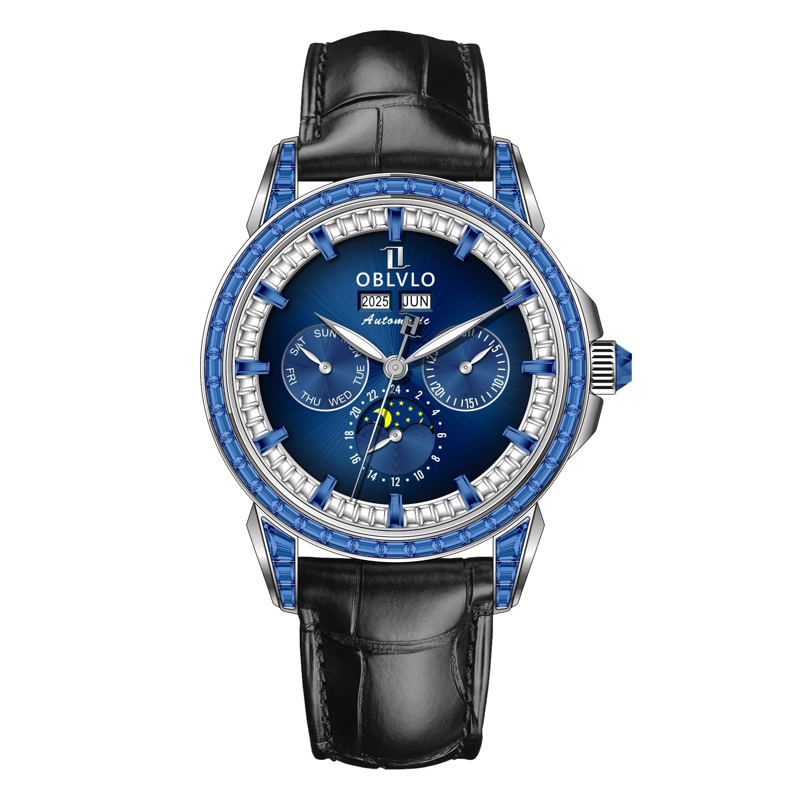 Moonphase Automatic Leather Strap Watch Complete Calendar — Red | KIMLUD