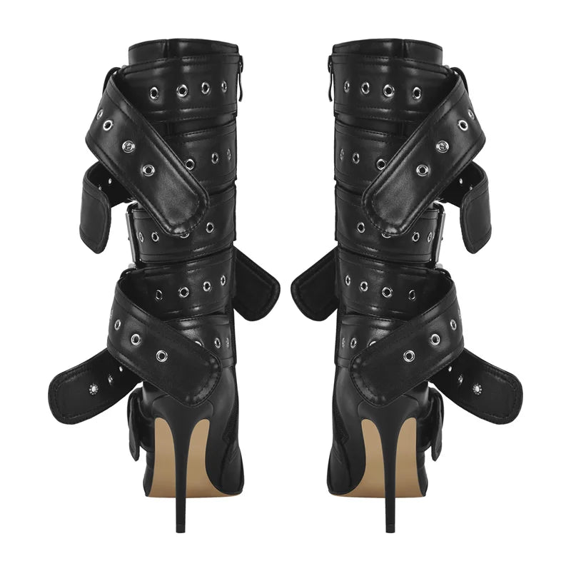 Onlymaker Women Pointed Toe Mid-Calf Boots Buckle Strap Thin High Heel Lady Zipper Female Stiletto Boots